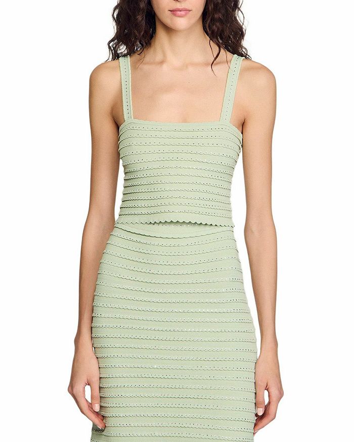 Кроп-топ из трикотажа с отделкой из стразов Sandro, зеленый 
Кроп-топ из трикотажа с отделкой из стразов Sandro, зеленый