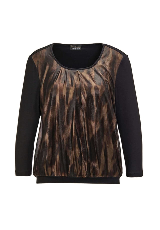 Короткий размер: эластичная удобная блузка-рубашка с мерцающим принтом Goldner, мультиколор 
Короткий размер: эластичная удобная блузка-рубашка с мерцающим принтом Goldner, мультиколор