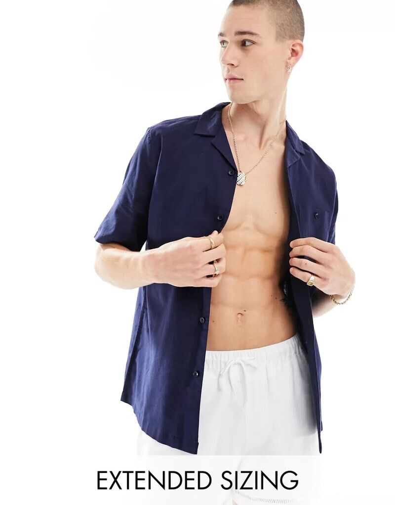 Темно-синяя рубашка свободного кроя с воротником из смесового льна ASOS 
Темно-синяя рубашка свободного кроя с воротником из смесового льна ASOS