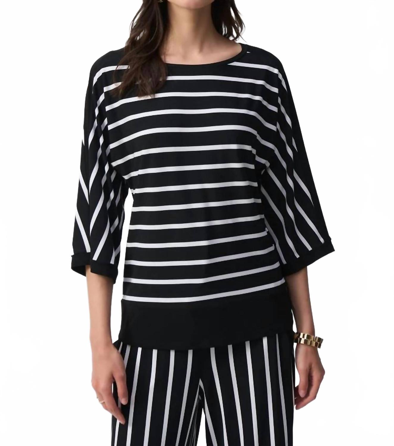 Шелковый трикотажный топ с полосками в обтягивающем фасоне черно-белый Joseph Ribkoff
Шелковый трикотажный топ с полосками в обтягивающем фасоне черно-белый Joseph Ribkoff