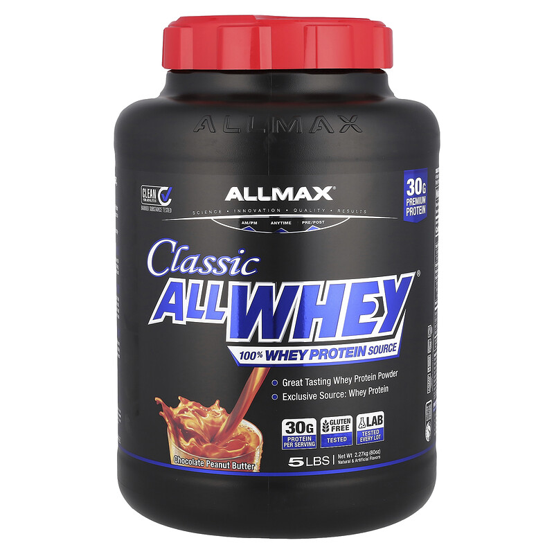 ALLMAX, Classic AllWhey, 100% сывороточный протеин, шоколад и арахисовое масло, 2,27 кг (5 фунтов)
ALLMAX, Classic AllWhey, 100% сывороточный протеин, шоколад и арахисовое масло, 2,27 кг (5 фунтов)