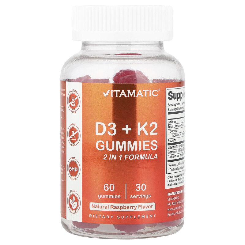 Vitamatic, Жевательные мармеладки D3 + K2, натуральная малина, 60 жевательных таблеток
Vitamatic, Жевательные мармеладки D3 + K2, натуральная малина, 60 жевательных таблеток