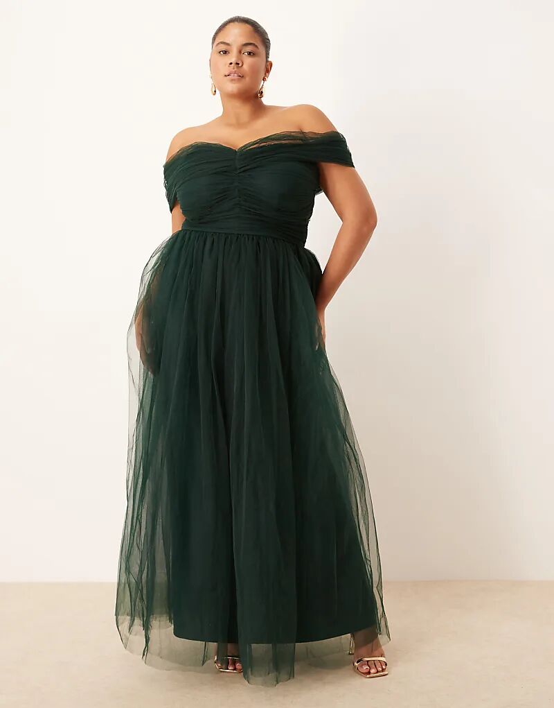 Платье макси из тюля с кружевом и бисером, с бантом на спущенном плече, лесного зеленого цвета