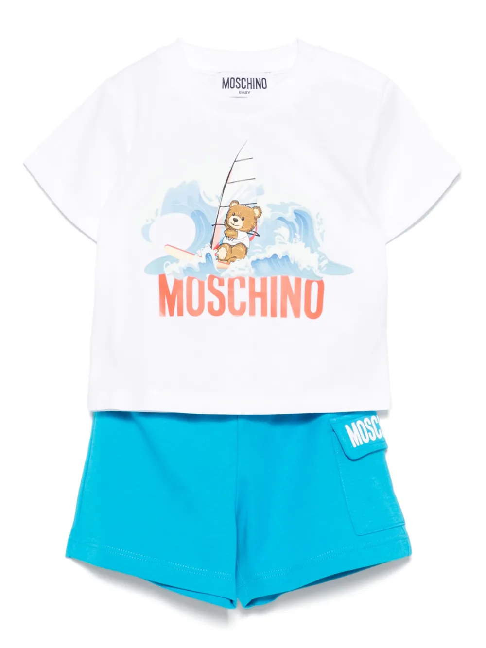 Комплект из футболки и шортов с логотипом Moschino Kids, синий
Комплект из футболки и шортов с логотипом Moschino Kids, синий
