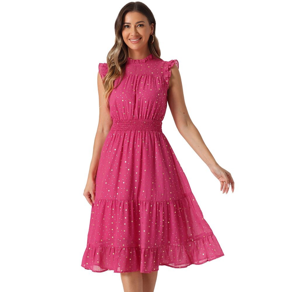 Повседневное шифоновое платье для женщин, вечернее платье без рукавов с присборенной талией, позолотой и металлическими звездами ALLEGRA K, цвет Hot Pink 
Повседневное шифоновое платье для женщин, вечернее платье без рукавов с присборенной талией, позолотой и металлическими звездами ALLEGRA K, цвет Hot Pink