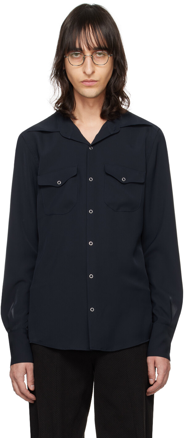 Темно-синяя рубашка с раздвинутым воротником Kozaburo
Темно-синяя рубашка с раздвинутым воротником Kozaburo