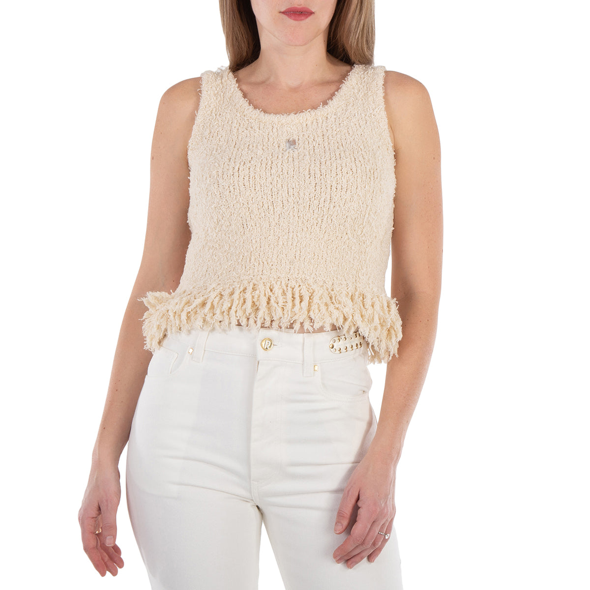 Вязаный топ Rabanne с логотипом и бахромой, бежевый
Вязаный топ Rabanne с логотипом и бахромой, бежевый