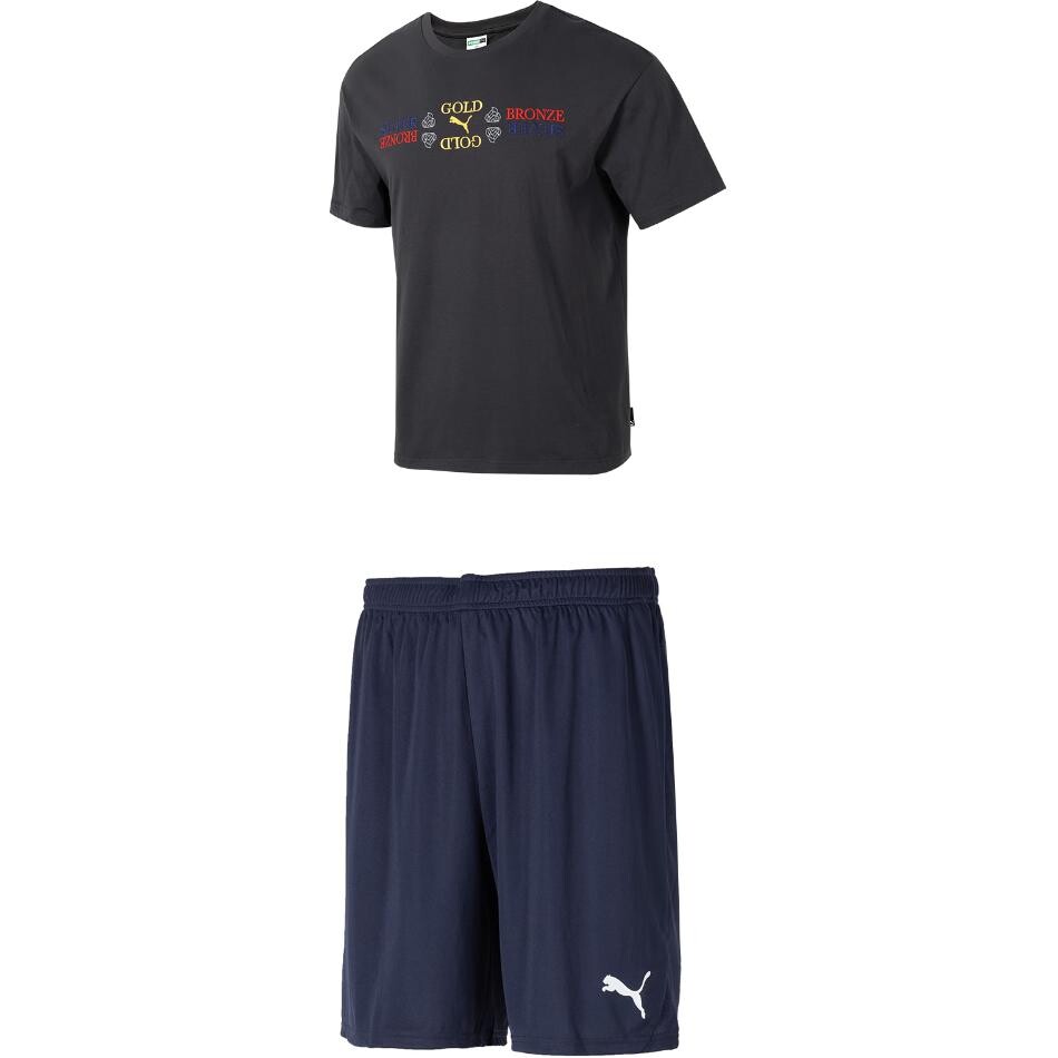 Повседневный спортивный мужской комплект: черный топ и темно-синие шорты Puma, черный
Повседневный спортивный мужской комплект: черный топ и темно-синие шорты Puma, черный