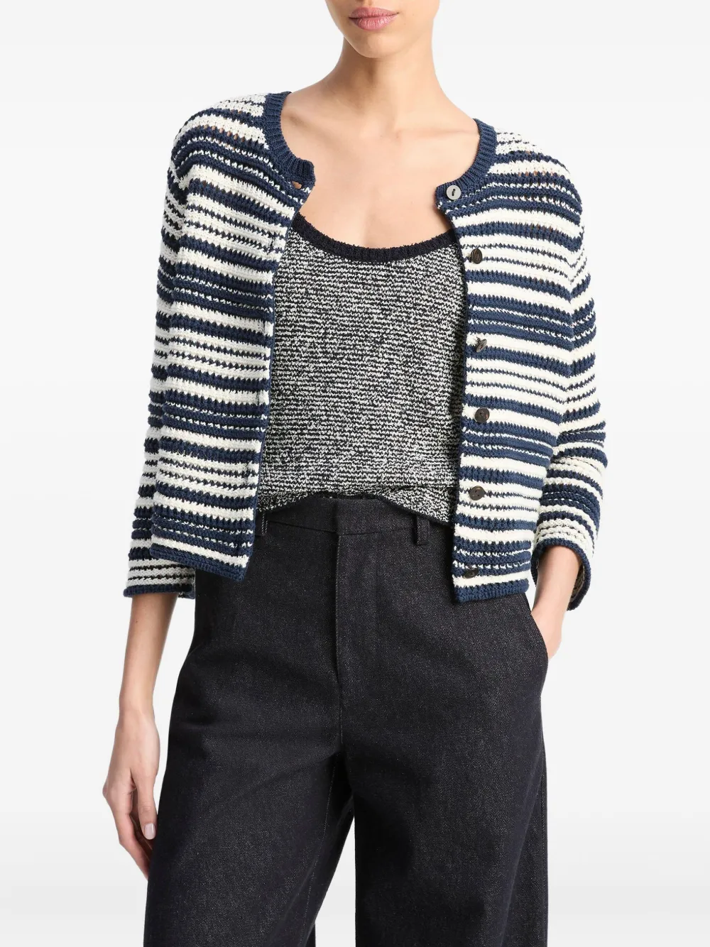 Полосатый фактурный кардиган Vince, синий
Полосатый фактурный кардиган Vince, синий