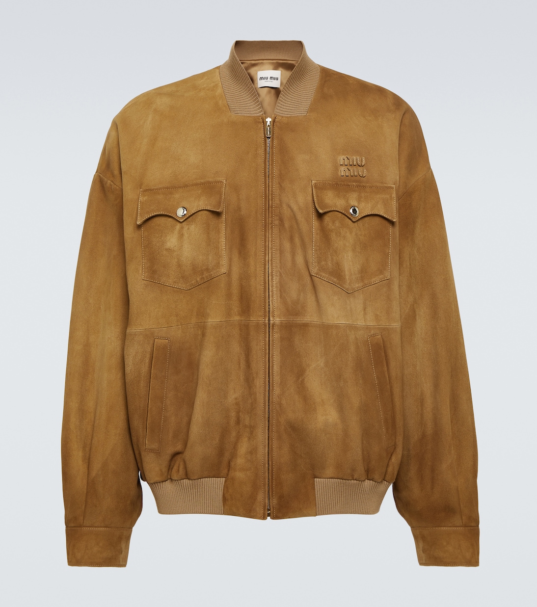 Замшевая куртка-бомбер с логотипом Miu Miu, Acero
Замшевая куртка-бомбер с логотипом Miu Miu, Acero