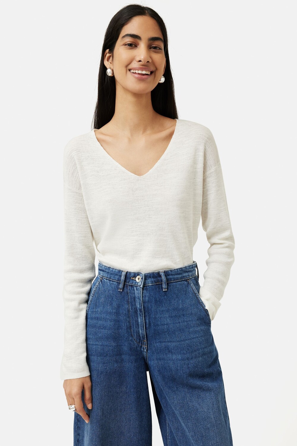 Свитер с V-образным вырезом из льна и хлопка Jigsaw, бежевый 
Свитер с V-образным вырезом из льна и хлопка Jigsaw, бежевый