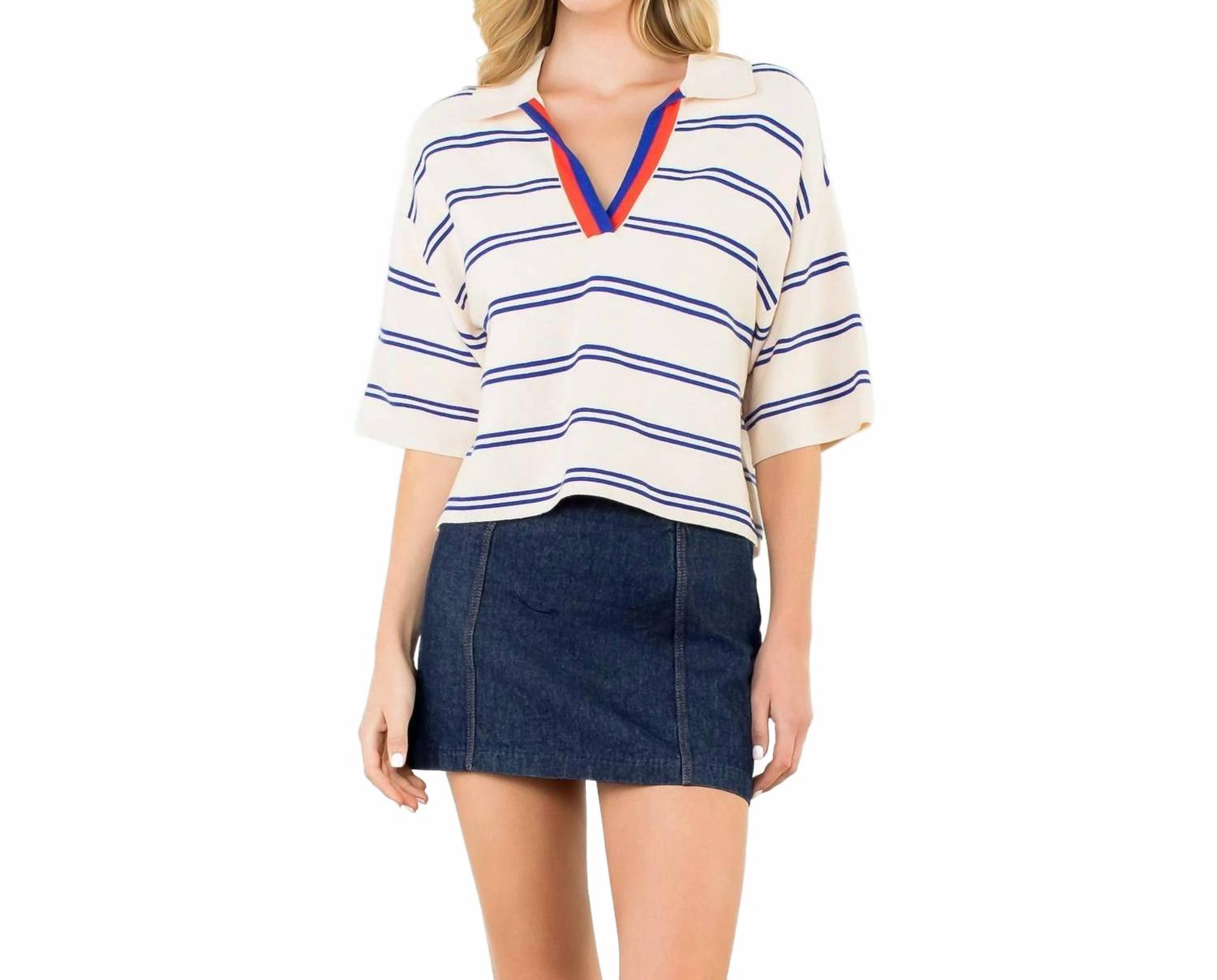 Бело-голубой полосатый трикотажный топ с короткими рукавами THML
Бело-голубой полосатый трикотажный топ с короткими рукавами THML