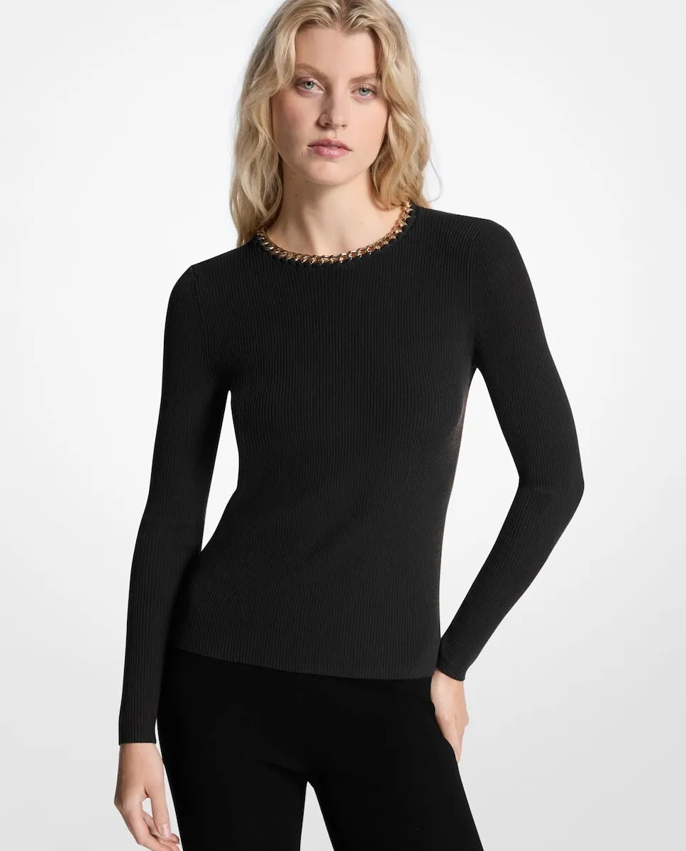 Женский облегающий свитер с цепочкой на воротнике Michael Michael Kors, черный
Женский облегающий свитер с цепочкой на воротнике Michael Michael Kors, черный