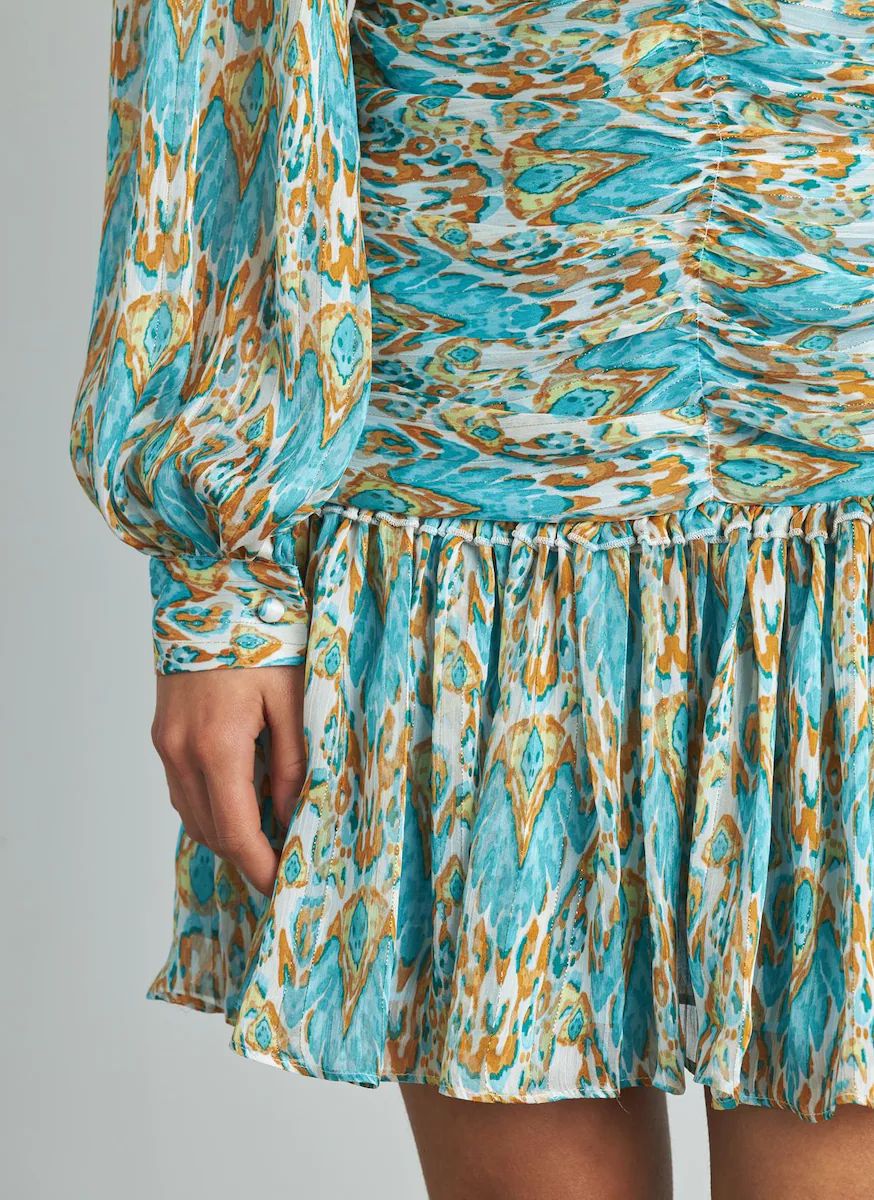 Короткое плиссированное платье с принтом, острым воротником и длинными буфчатыми рукавами Alma en Pena, синий
Короткое плиссированное платье с принтом, острым воротником и длинными буфчатыми рукавами Alma en Pena, синий