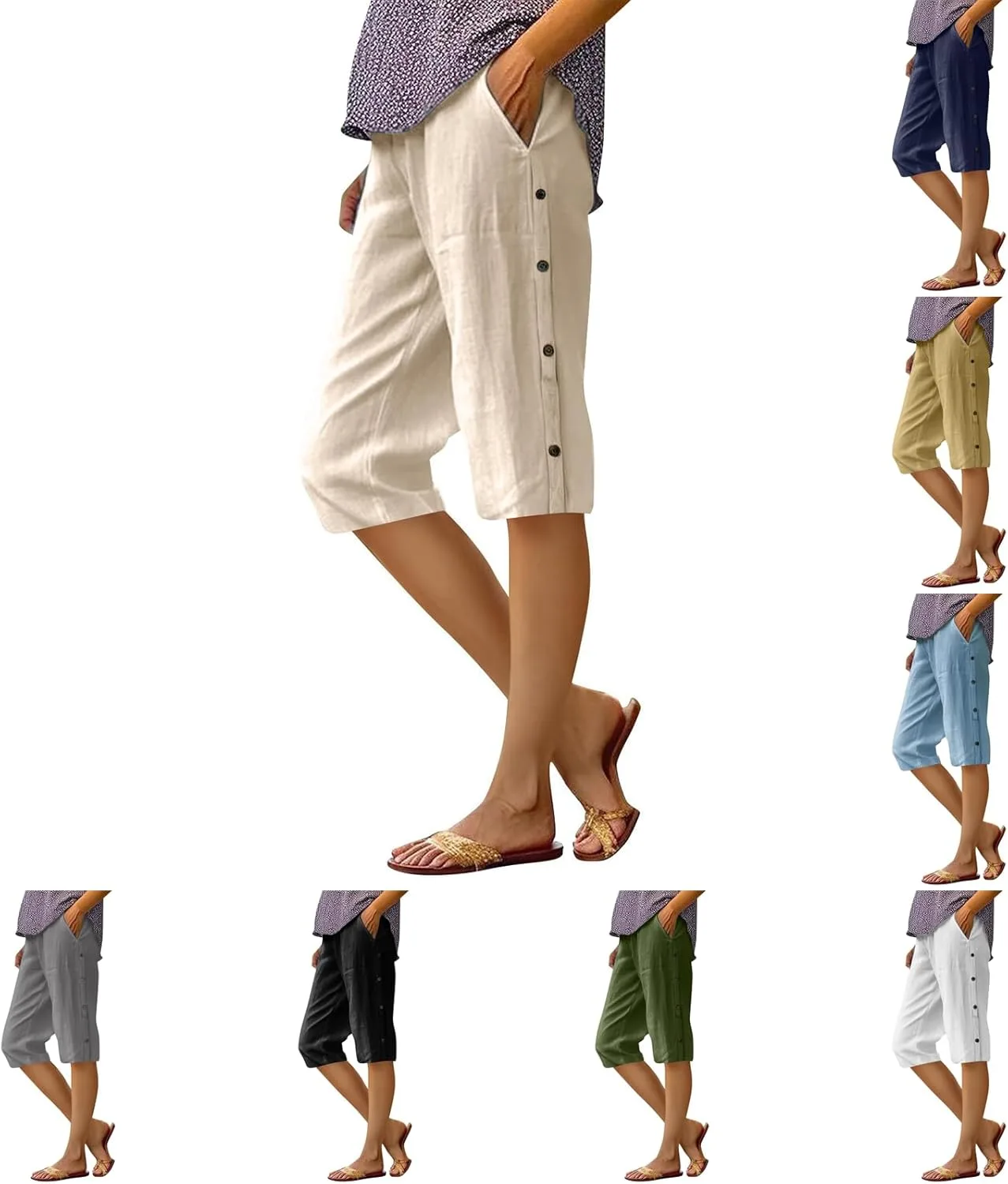 Льняные бермуды для женщин с эластичным поясом и карманами
Льняные бермуды для женщин с эластичным поясом и карманами