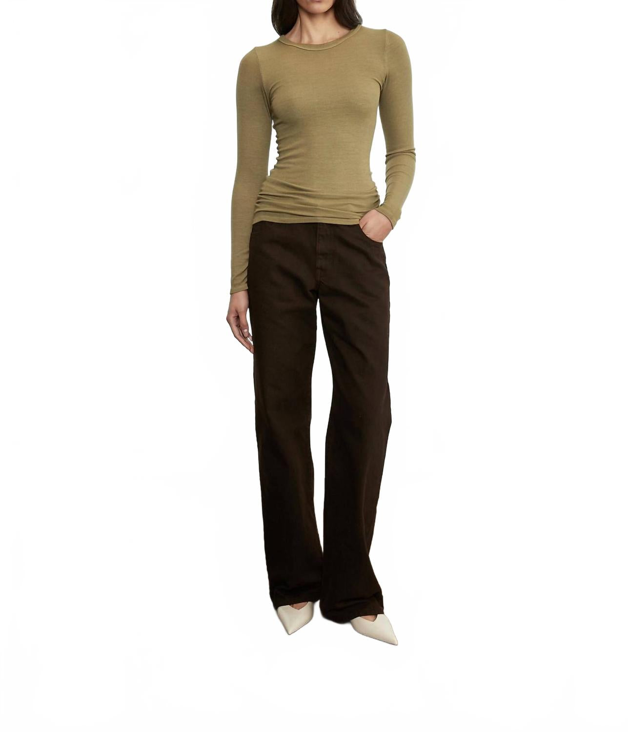 Шелковый топ в рубчик с длинными рукавами и круглым вырезом цвета оливкового камня Enza Costa, Olive Stone
Шелковый топ в рубчик с длинными рукавами и круглым вырезом цвета оливкового камня Enza Costa, Olive Stone