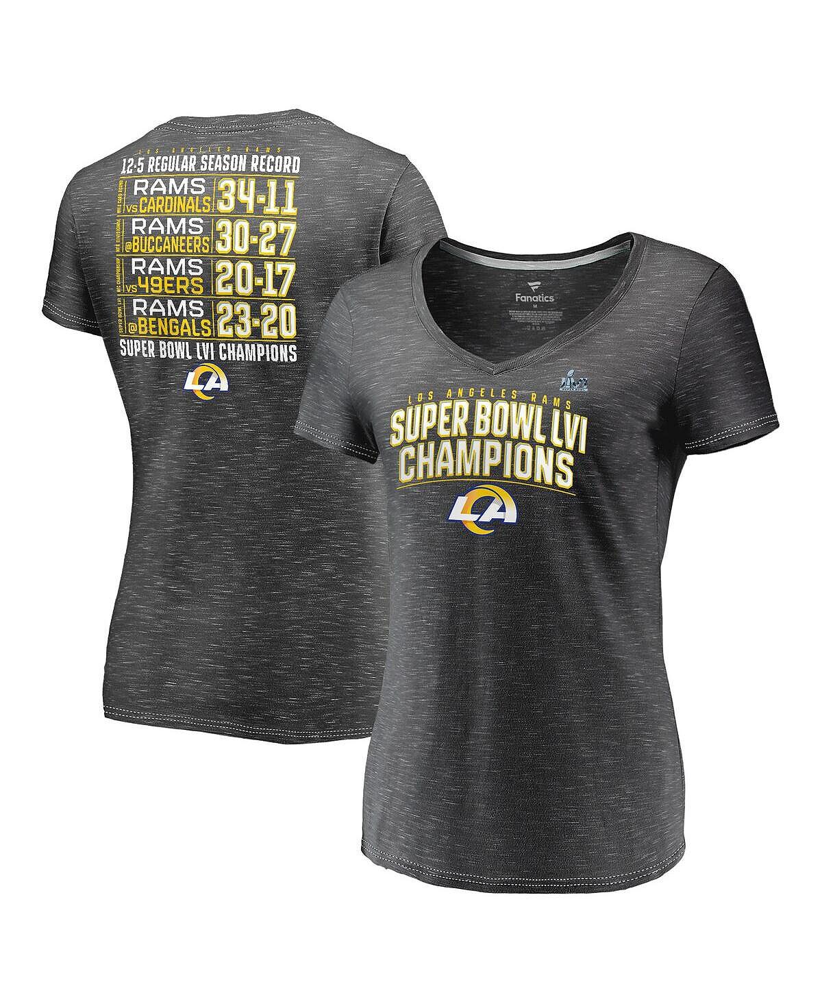 Женская футболка с v-образным вырезом и фирменным логотипом Heather Charcoal Los Angeles Rams Super Bowl LVI Champions Schedule Fanatics
Женская футболка с v-образным вырезом и фирменным логотипом Heather Charcoal Los Angeles Rams Super Bowl LVI Champions Schedule Fanatics