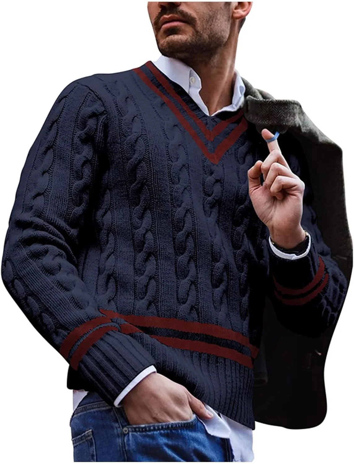 Мужской свитер с V-образным вырезом, длинным рукавом и полосатым узором
Мужской свитер с V-образным вырезом, длинным рукавом и полосатым узором