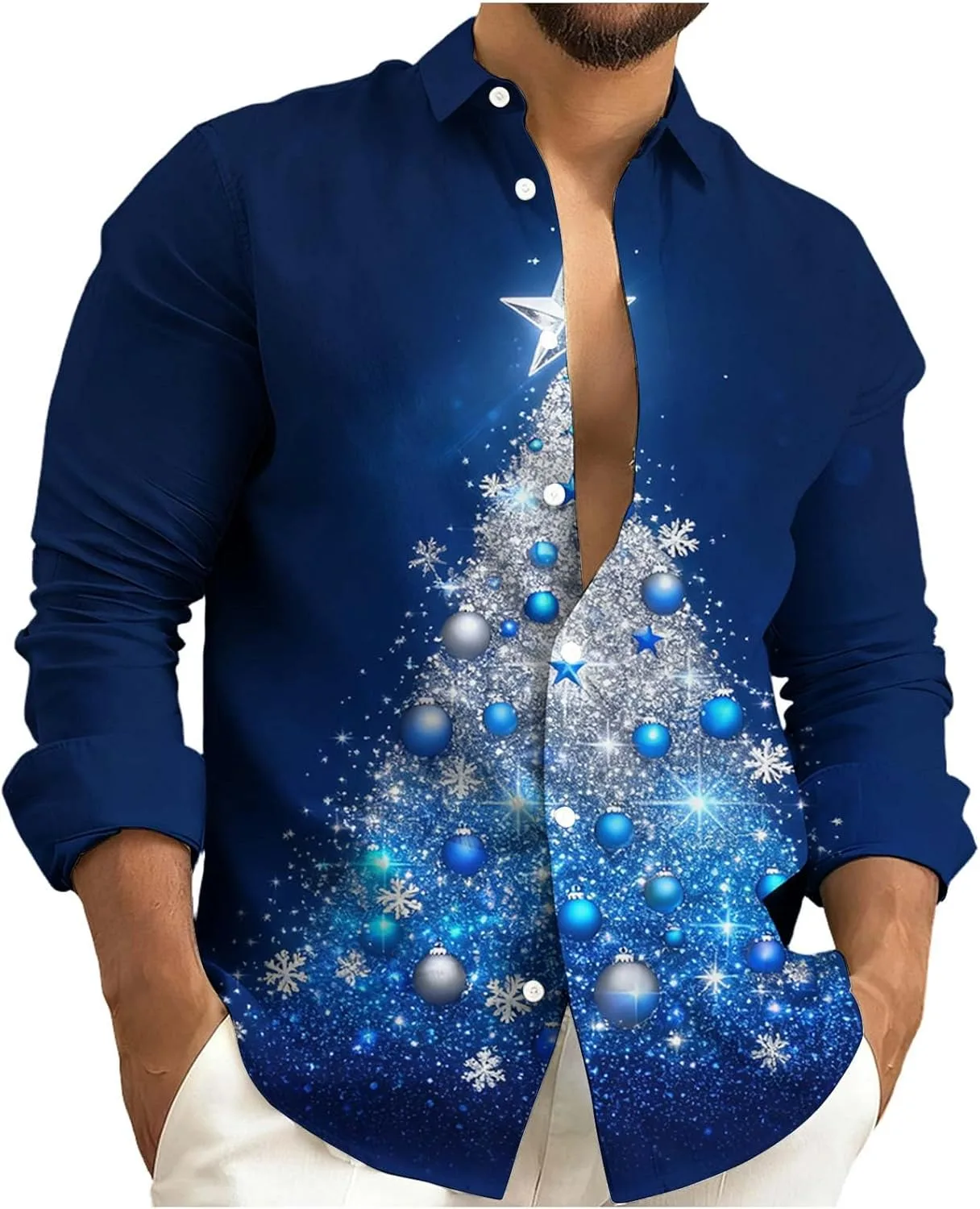 Мужская рождественская рубашка с принтом в виде елки, блестящая, на пуговицах
Мужская рождественская рубашка с принтом в виде елки, блестящая, на пуговицах