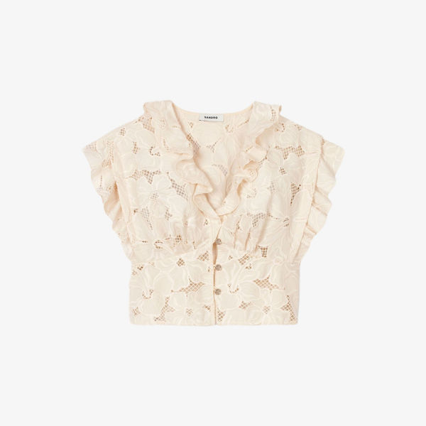 Топ Sandro с кружевной вышивкой и оборками, кремовый
Топ Sandro с кружевной вышивкой и оборками, кремовый