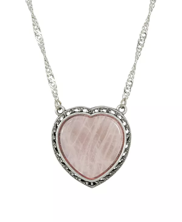 Ожерелье в форме сердца из полудрагоценного розового кварца серебристого оттенка 2028, pink