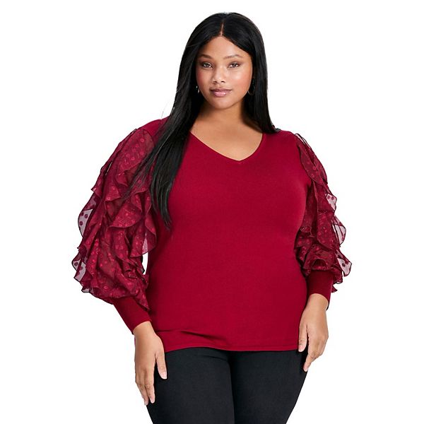 Женский свитер с рюшами на рукавах plus size Avenue, Scarlet
Женский свитер с рюшами на рукавах plus size Avenue, Scarlet
