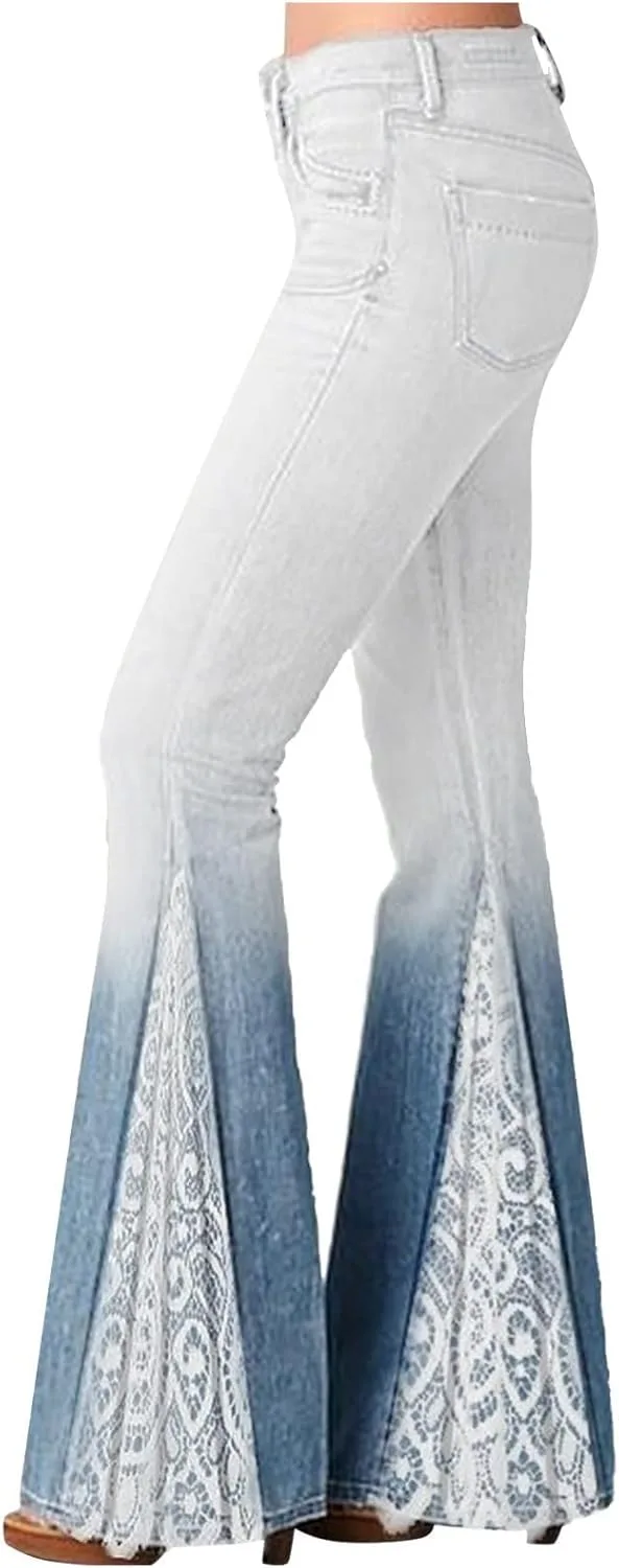 Женские джинсы-клеш с кружевной вставкой и градиентом
Женские джинсы-клеш с кружевной вставкой и градиентом