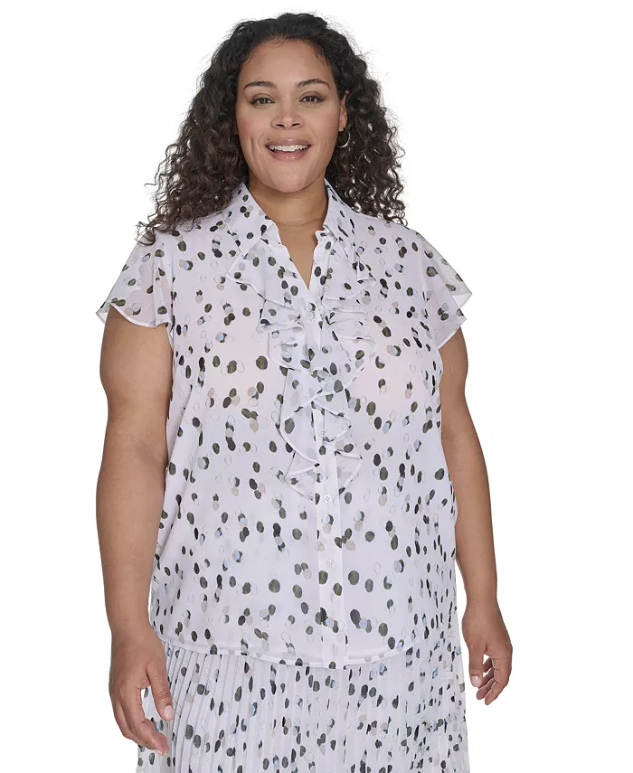 Блузка больших размеров с гороховым принтом и оборками Calvin Klein, белый 
Блузка больших размеров с гороховым принтом и оборками Calvin Klein, белый