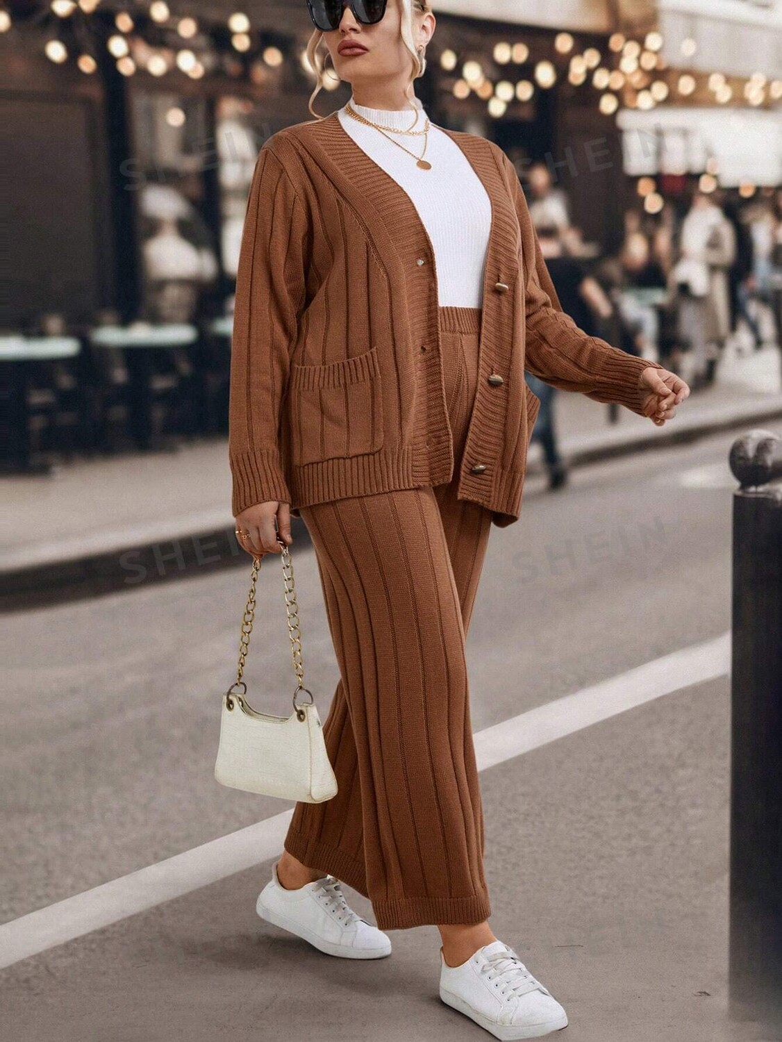 LUNE Plus Кардиган с двумя карманами и трикотажные брюки Shein, кофейно-коричневый
LUNE Plus Кардиган с двумя карманами и трикотажные брюки Shein, кофейно-коричневый