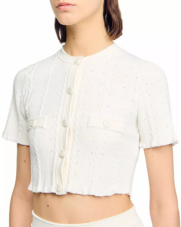 Укороченный кардиган ажурной вязки Sandro, белый
Укороченный кардиган ажурной вязки Sandro, белый