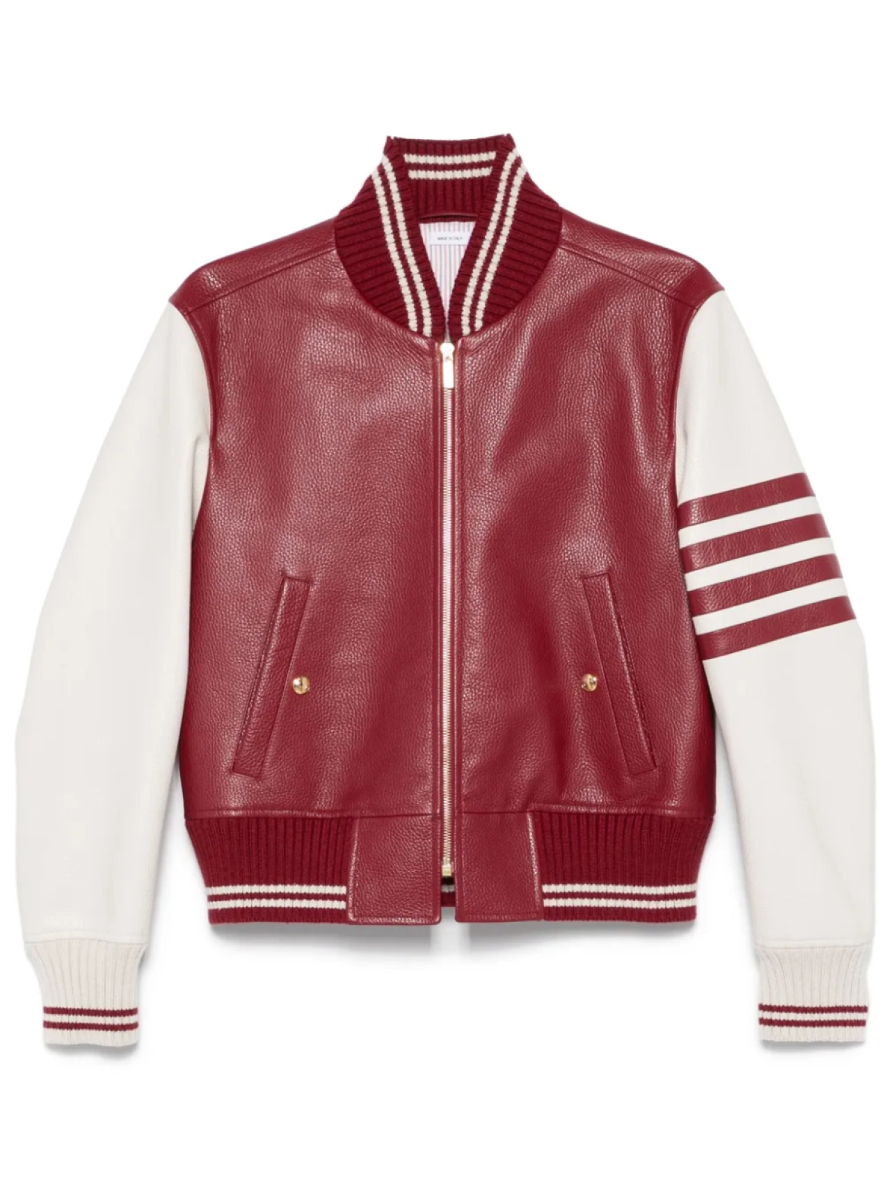 Thom Browne кожаный бомбер с полосками 4-Bar, красный
Thom Browne кожаный бомбер с полосками 4-Bar, красный