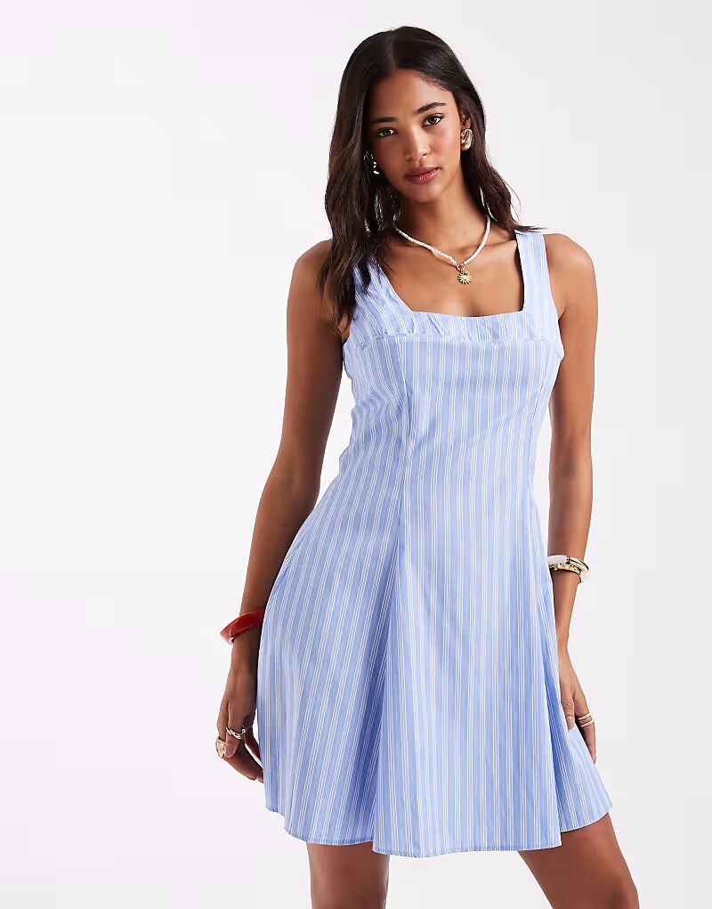 Мини-платье New Look из поплина в полоску синего цвета 
Мини-платье New Look из поплина в полоску синего цвета