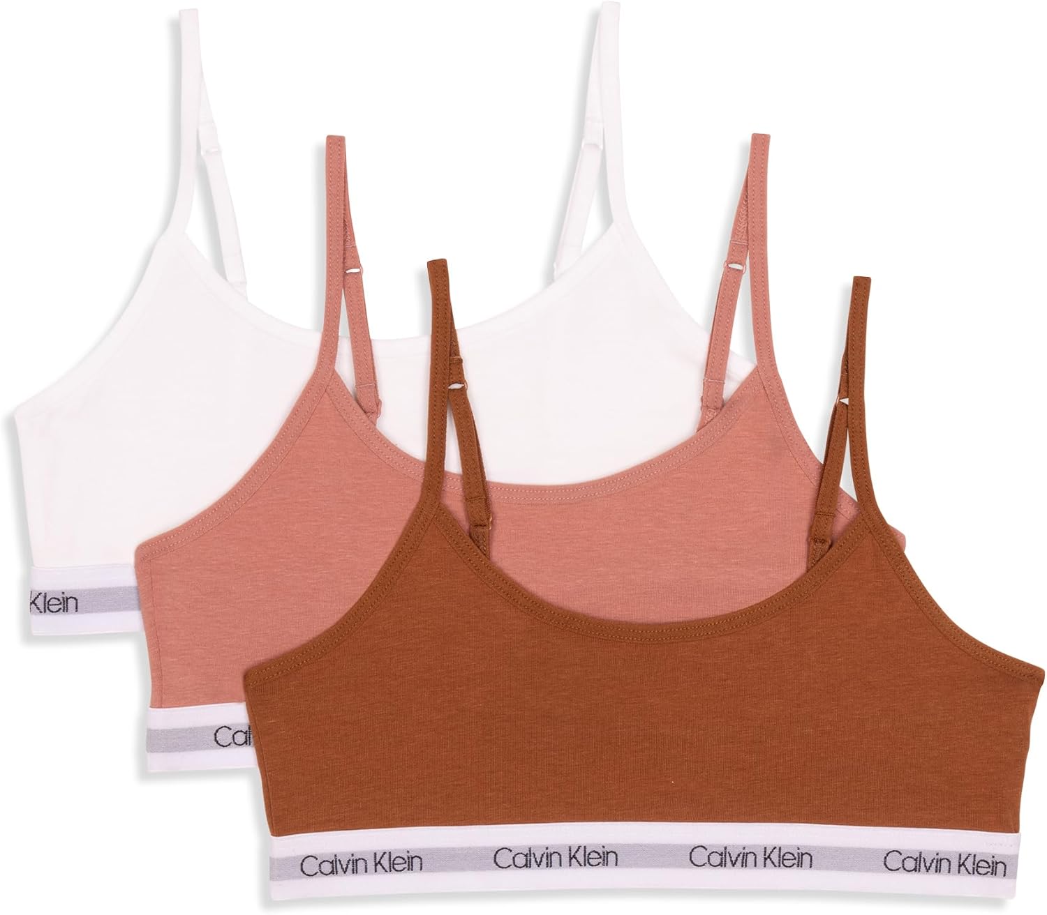 Укороченные хлопковые бюстгальтеры-бралетты Calvin Klein для девочек, упаковка из 3 шт., Modern Rose/Booming Brown/White
Укороченные хлопковые бюстгальтеры-бралетты Calvin Klein для девочек, упаковка из 3 шт., Modern Rose/Booming Brown/White