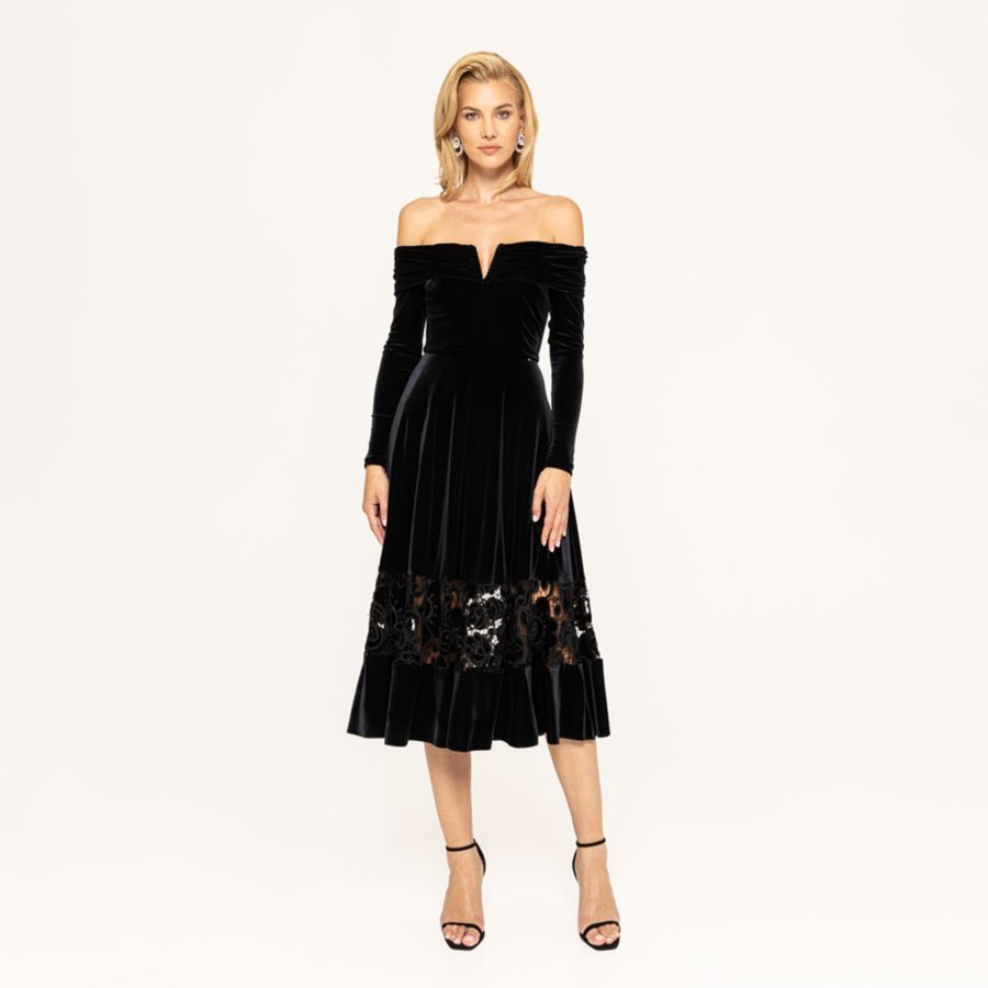 Женское бархатное платье миди с открытыми плечами Nissa, Black
Женское бархатное платье миди с открытыми плечами Nissa, Black