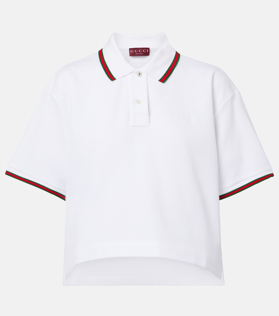 Полосатая укороченная пике-поло из хлопка Gucci, White/Mix
Полосатая укороченная пике-поло из хлопка Gucci, White/Mix