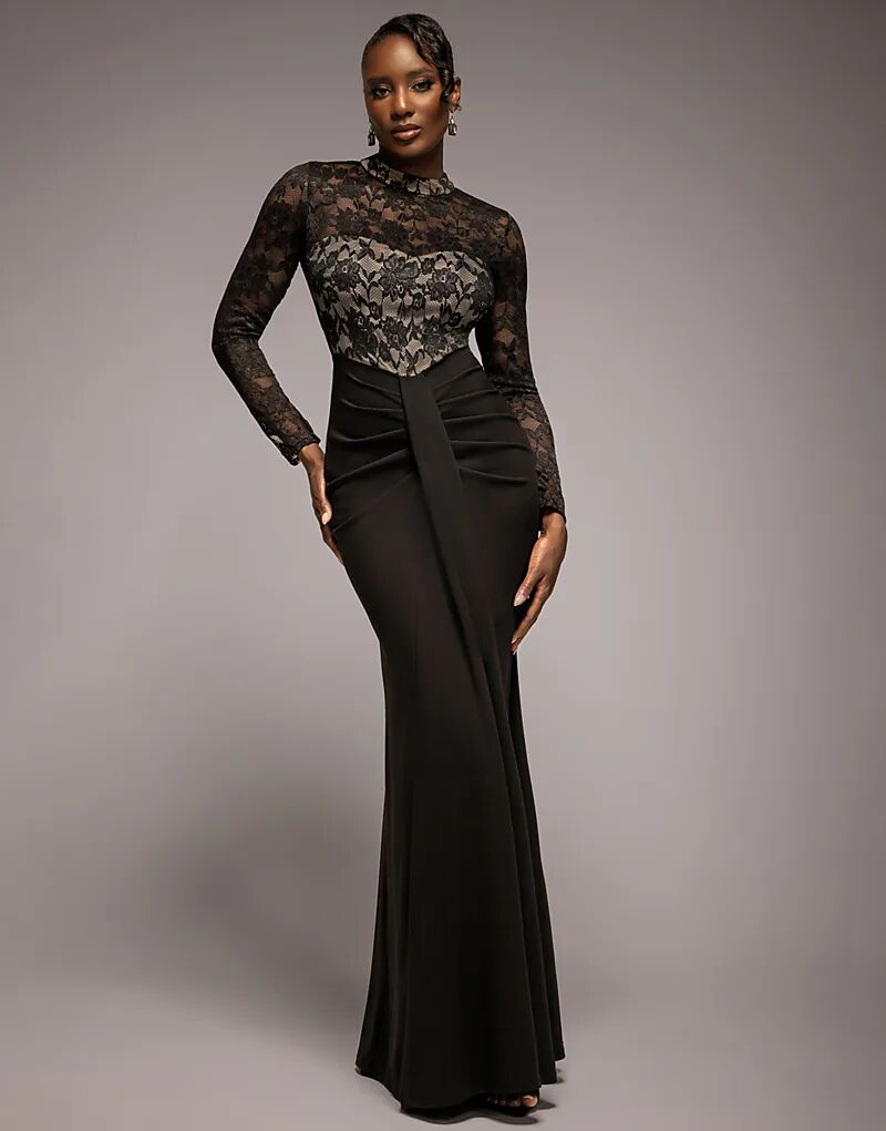 Платье макси Goddiva Lace с высоким воротом, прозрачным лифом и длинными рукавами, черное
Платье макси Goddiva Lace с высоким воротом, прозрачным лифом и длинными рукавами, черное