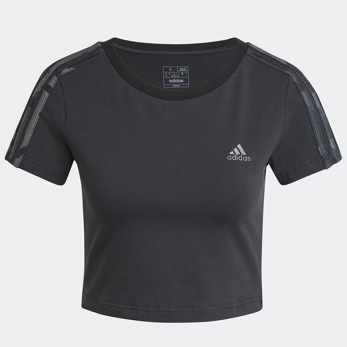 Укороченная женская футболка Adidas Essentials Camo Print 3-Stripes, черный/белый
Укороченная женская футболка Adidas Essentials Camo Print 3-Stripes, черный/белый