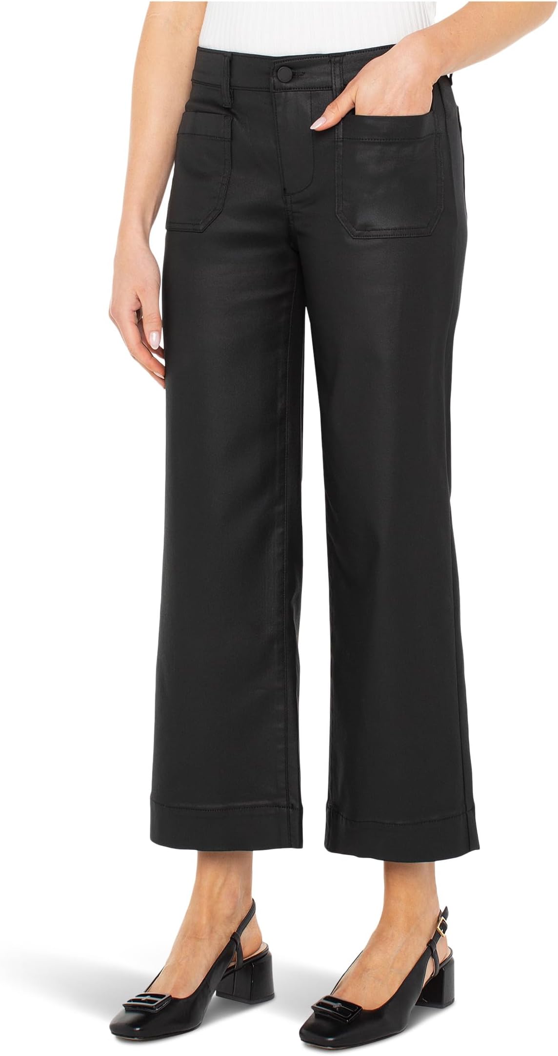 Брюки Liverpool Los Angeles Crop Mid-rise Wide Leg Pant With Patch Pockets 27" Inseam, цвет Black Coated 
Брюки Liverpool Los Angeles Crop Mid-rise Wide Leg Pant With Patch Pockets 27" Inseam, цвет Black Coated
