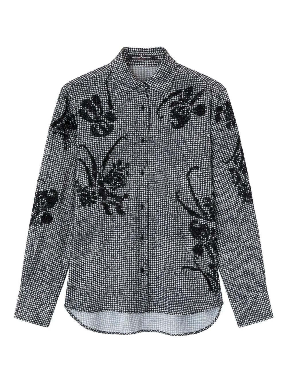 Рубашка в гусиную лапку с цветочными украшениями Ermanno Scervino, черный
Рубашка в гусиную лапку с цветочными украшениями Ermanno Scervino, черный