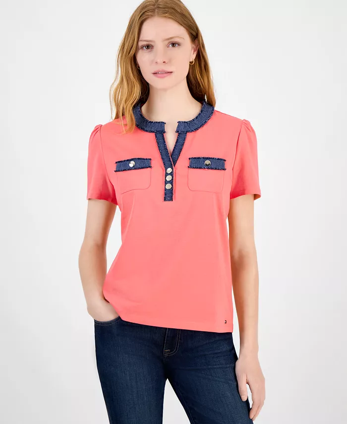 Женский трикотажный топ с разрезом на горловине и джимовой отделкой Tommy Hilfiger, оранжевый
Женский трикотажный топ с разрезом на горловине и джимовой отделкой Tommy Hilfiger, оранжевый