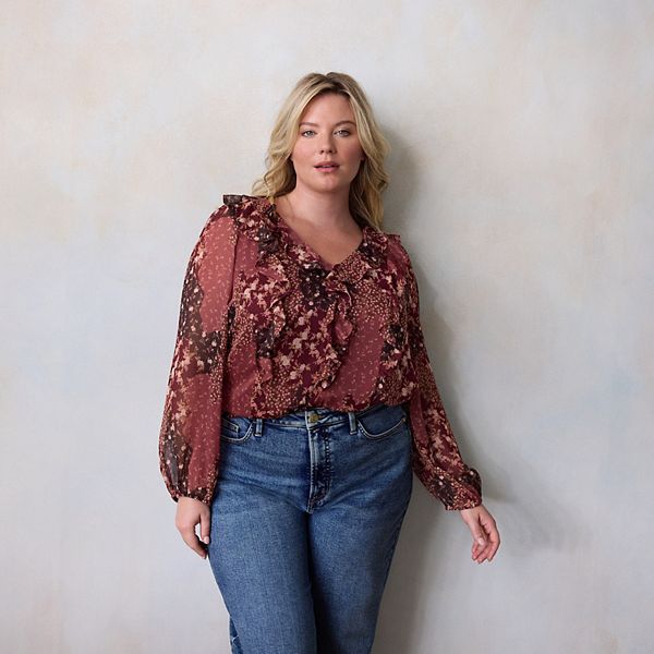 Топ с V-образным вырезом и длинными рукавами с каскадными рюшами Plus size Lc Lauren Conrad, Plum Durness Patchwork
Топ с V-образным вырезом и длинными рукавами с каскадными рюшами Plus size Lc Lauren Conrad, Plum Durness Patchwork