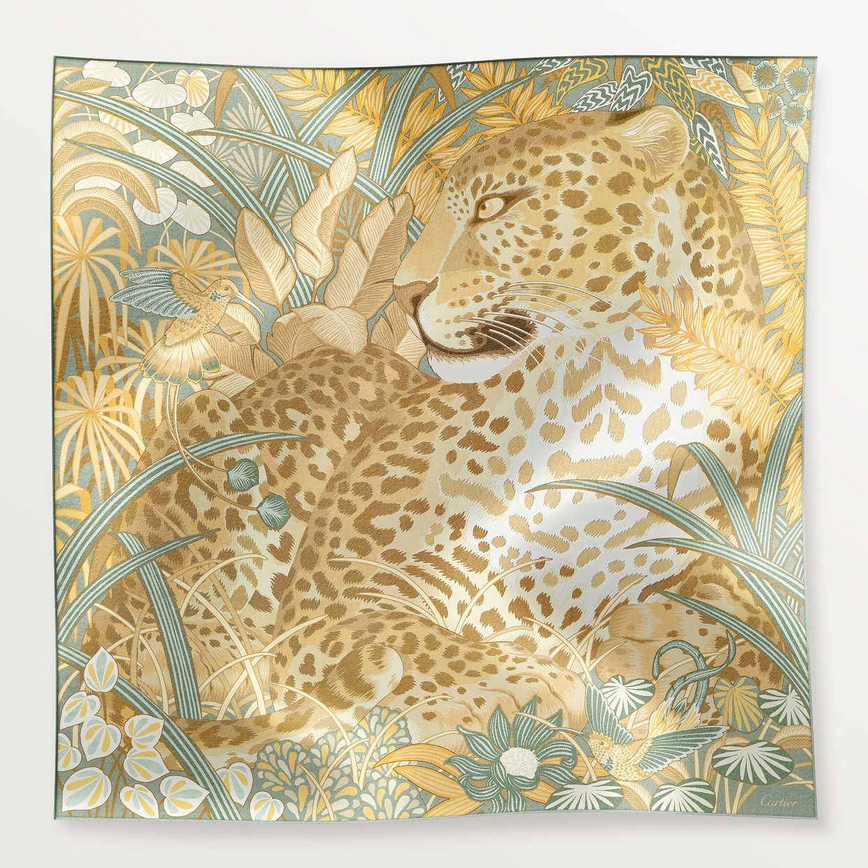 Женский платок Cartier Carré 90, Panthère in the jungle, шелковый твил цвета шалфея и мимозы
Женский платок Cartier Carré 90, Panthère in the jungle, шелковый твил цвета шалфея и мимозы