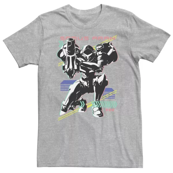 Футболка с ретро-неоновым принтом Samus Aran из Nintendo Metroid для больших размеров Licensed Character, серый 
Футболка с ретро-неоновым принтом Samus Aran из Nintendo Metroid для больших размеров Licensed Character, серый