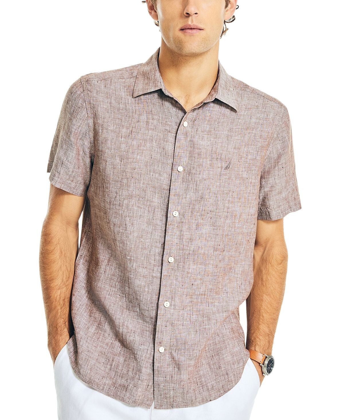 Мужская однотонная льняная рубашка классического кроя с короткими рукавами Nautica
Мужская однотонная льняная рубашка классического кроя с короткими рукавами Nautica