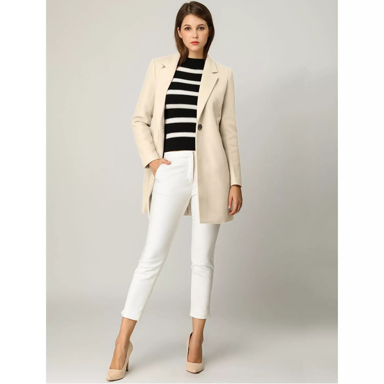 Женское классическое длинное пальто с длинными рукавами и зубчатыми лацканами ALLEGRA K, серый