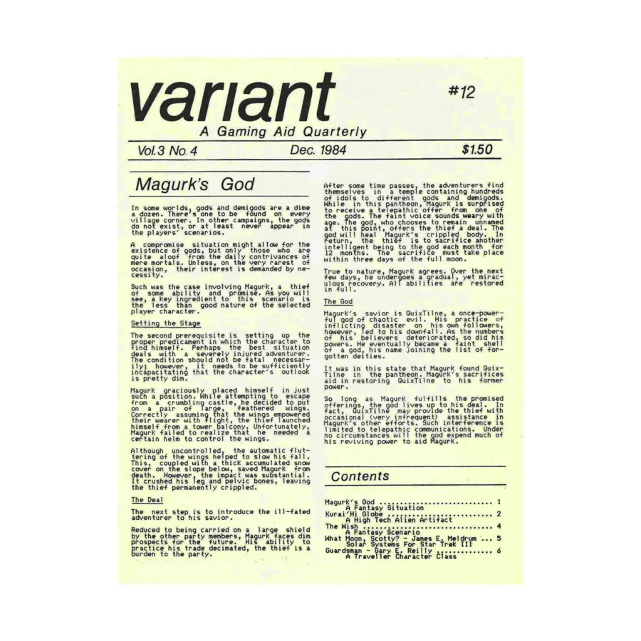 Журнал Vol. 3, #4 "Marguk's God Scenario, A Wish Scenario, Guardsman Character Class for Traveller", Variant Magazine 
Журнал Vol. 3, #4 "Marguk's God Scenario, A Wish Scenario, Guardsman Character Class for Traveller", Variant Magazine