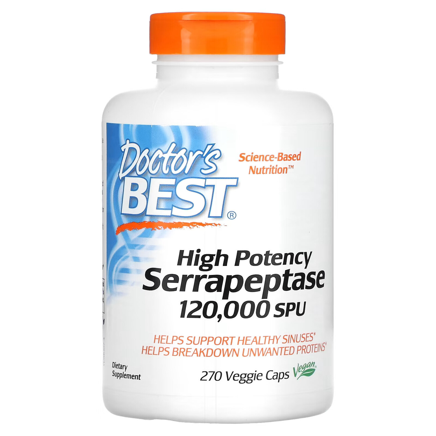 Doctor's Best, высокоэффективная серрапептаза, 120000 SPU, 270 вегетарианских капсул
Doctor's Best, высокоэффективная серрапептаза, 120000 SPU, 270 вегетарианских капсул