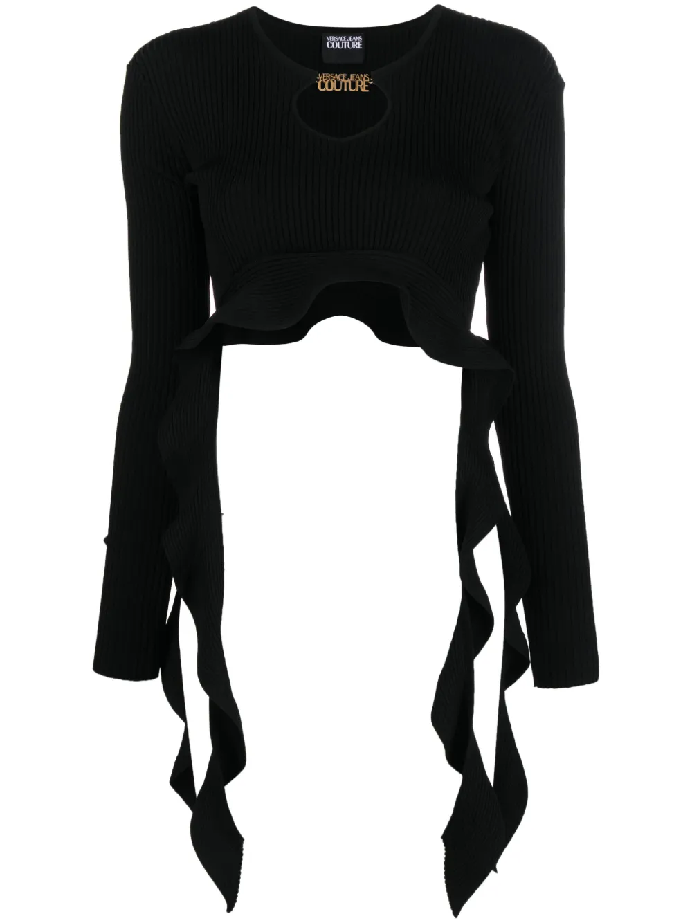 Укороченный топ в рубчик с оборками Versace Jeans Couture, черный 
Укороченный топ в рубчик с оборками Versace Jeans Couture, черный