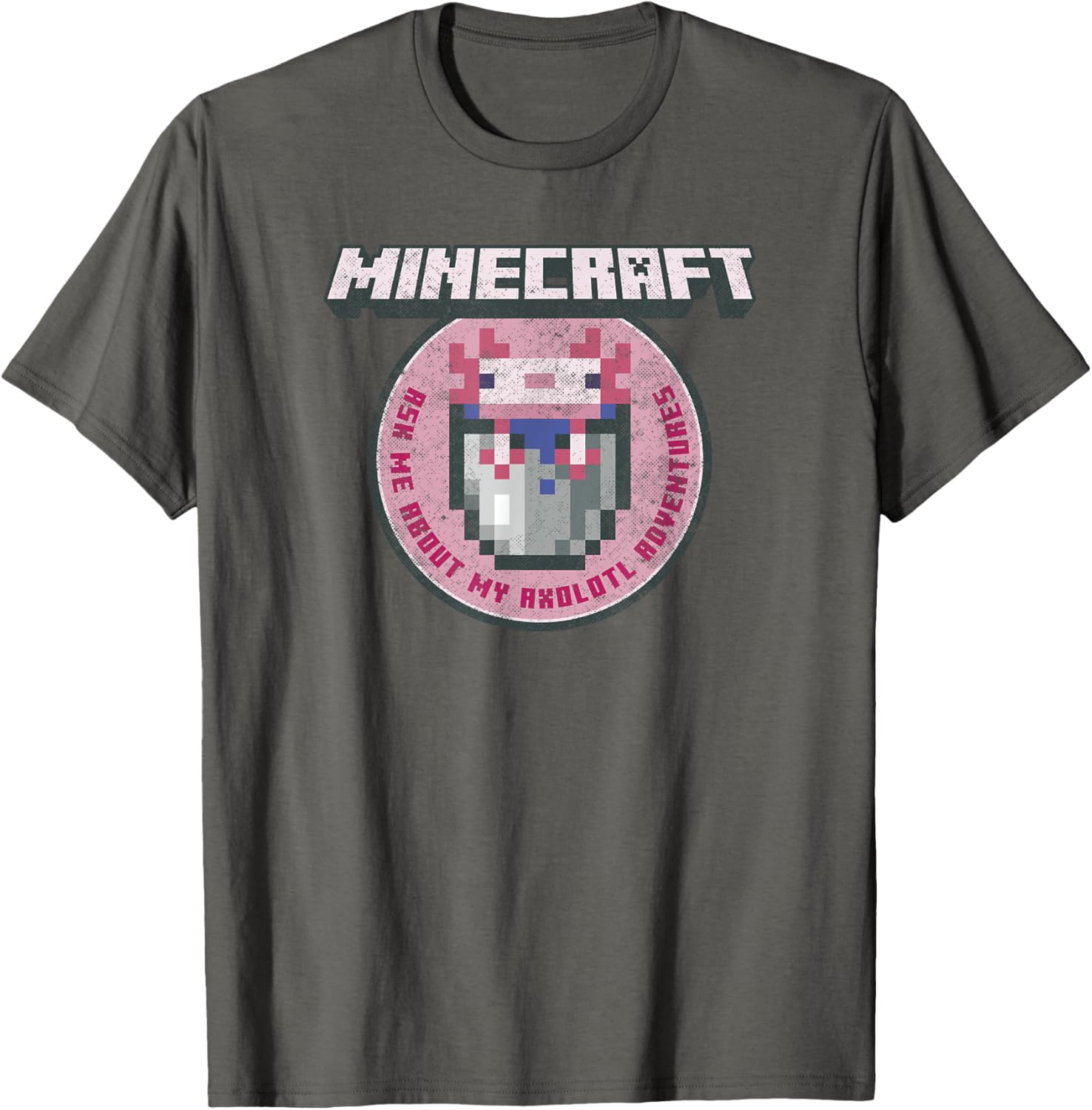 Футболка с круглым значком «Приключения аксолотля в Minecraft», асфальтово-серый
Футболка с круглым значком «Приключения аксолотля в Minecraft», асфальтово-серый