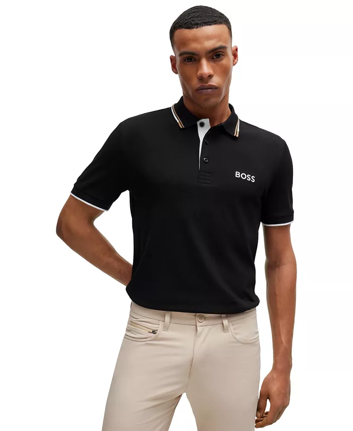 Мужская хлопковая поло с контрастным логотипом Hugo Boss, черный 
Мужская хлопковая поло с контрастным логотипом Hugo Boss, черный